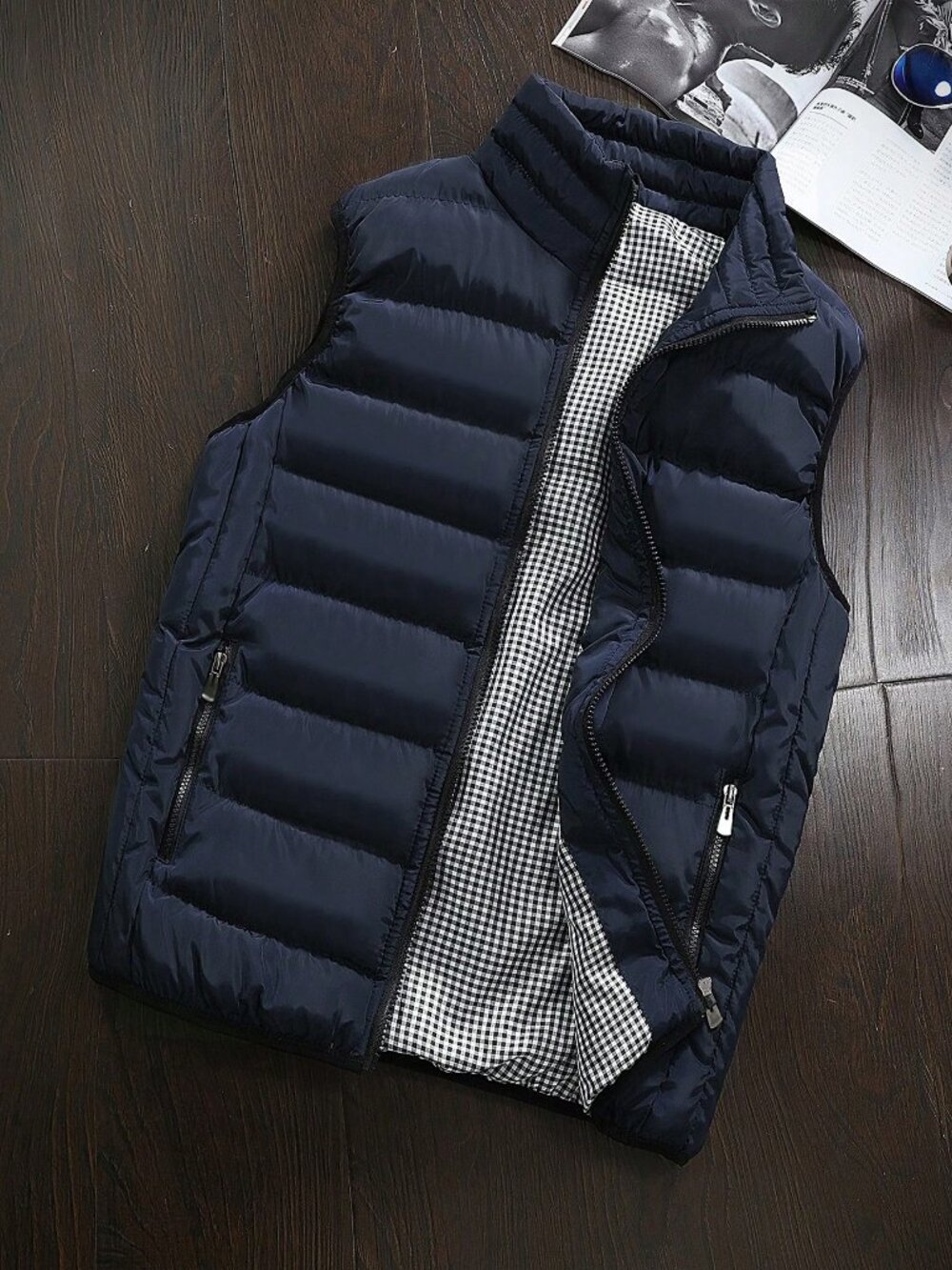 Navy Blue Business Men's Regular Fit Funnel Neck Zip-Up Padded Vest Coat
